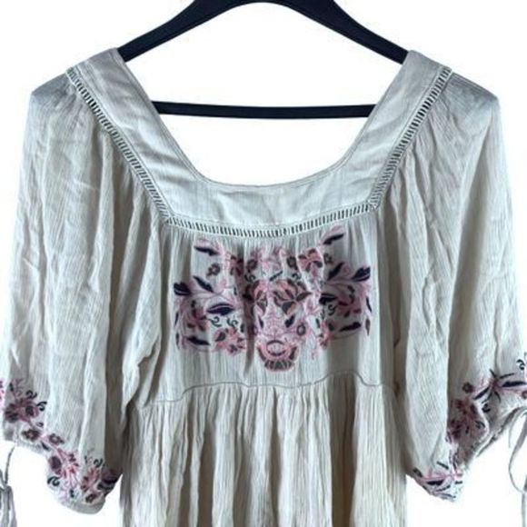 En Crème Women’s Sz Medium White Rayon Floral Boho Square Neck Mini Dress - Picture 2 of 12